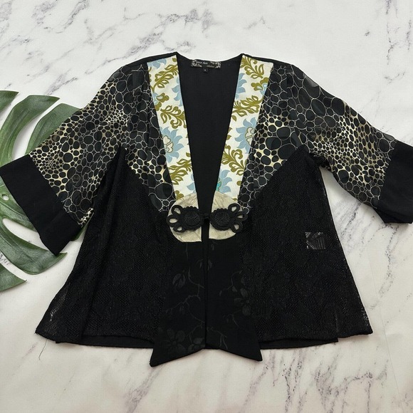Spencer Alexis Kimono Blouse Top Size M Black Cream Silk Blend Floral Jacquard - Picture 1 of 12